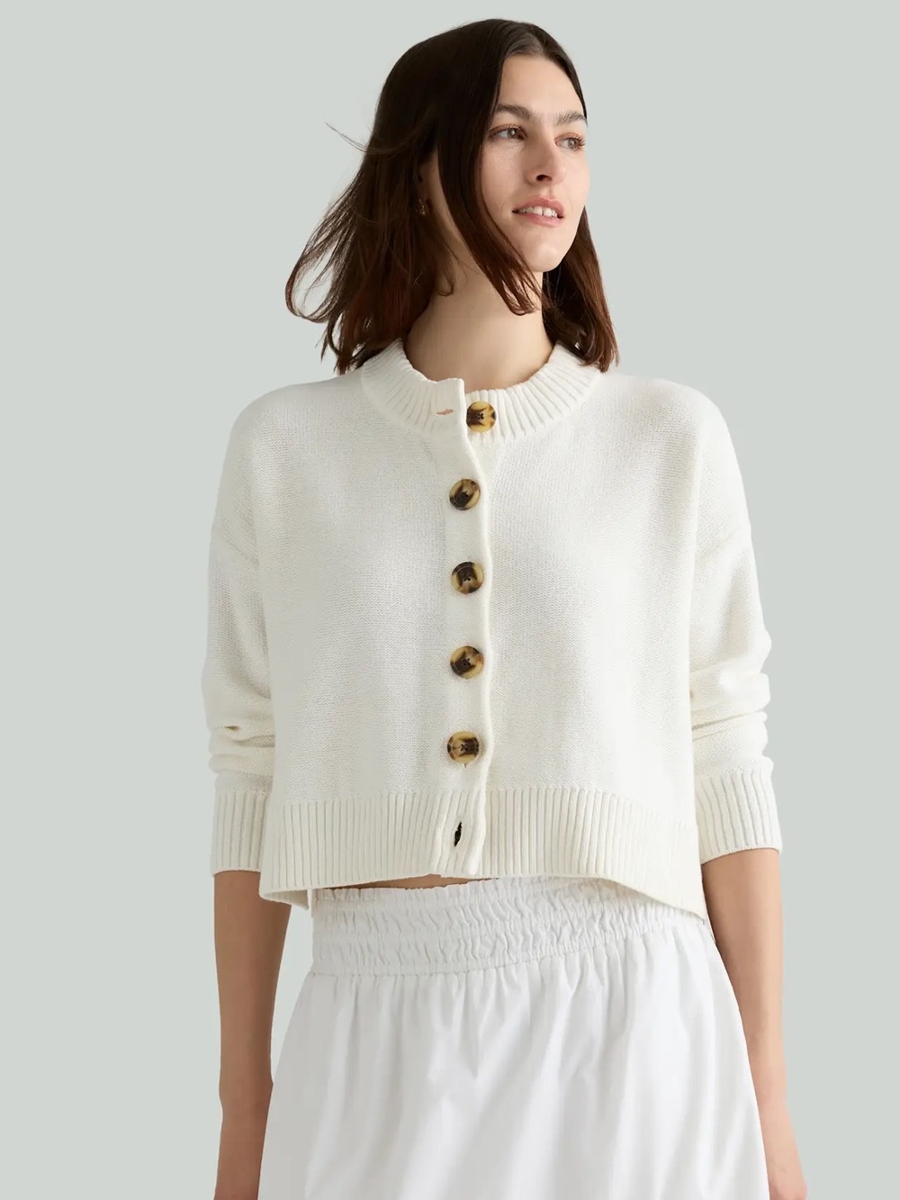 Quince Ivory Cropped Button-Front Cardigan with Tortoiseshell Buttons